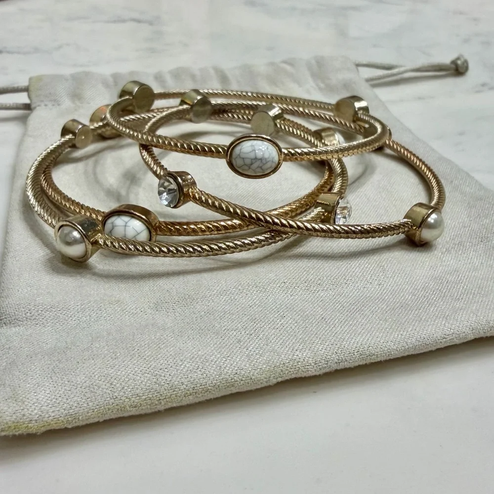 Silver Plated Faux Pearl, Howlite, and Rhinestone Bangles, Set of (4) LIKE NEW - Picture 4 of 5